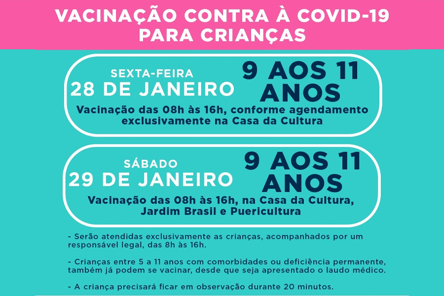 Prefeitura inicia vacinação contra covid-19 de crianças acima de 9 anos